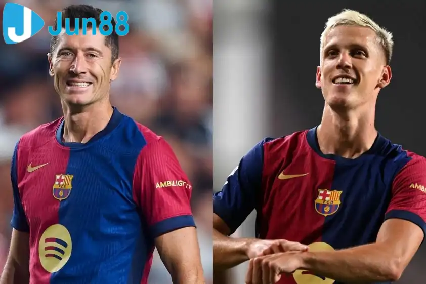 Bộ đôi Lewandowski và Dani Olmo đã trở lại tập luyện (Ảnh: GOAL)